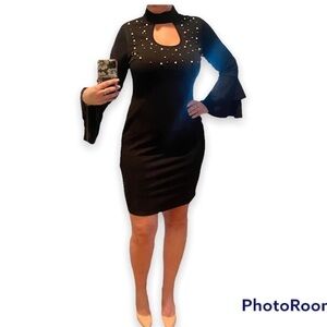 Venus Keyhole Cutout Bead Accented Black Midi Dress L